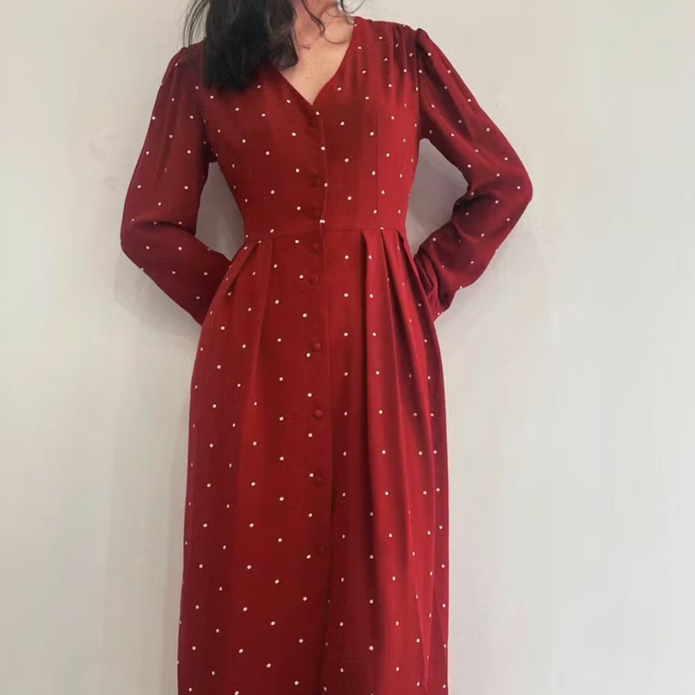 The Polka Dot Pleated Midi Dress Rust long sleeve size M. NWT